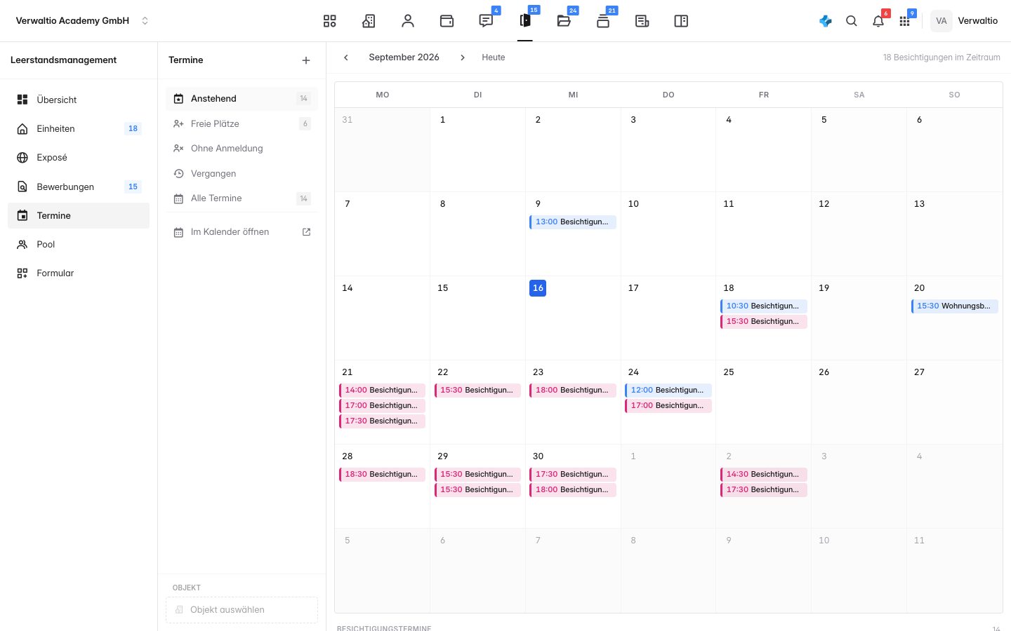 Der Terminkalender des Leerstandsmanagements mit den Besichtigungen des Monats