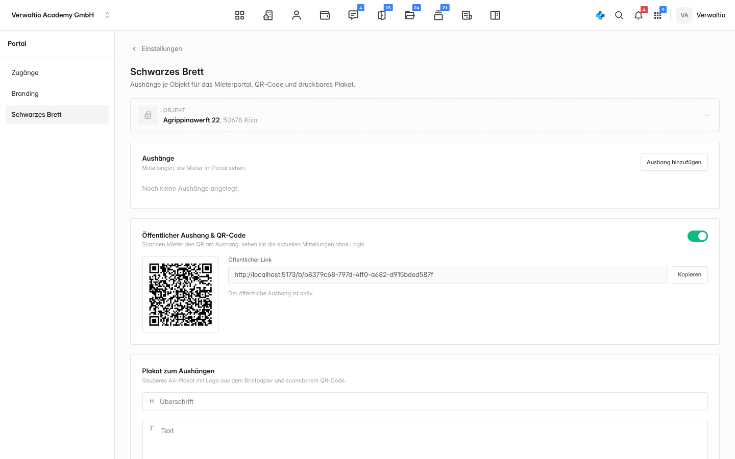 Schwarzes-Brett-Verwaltung mit Aushang, QR-Code und Plakat-Bereich