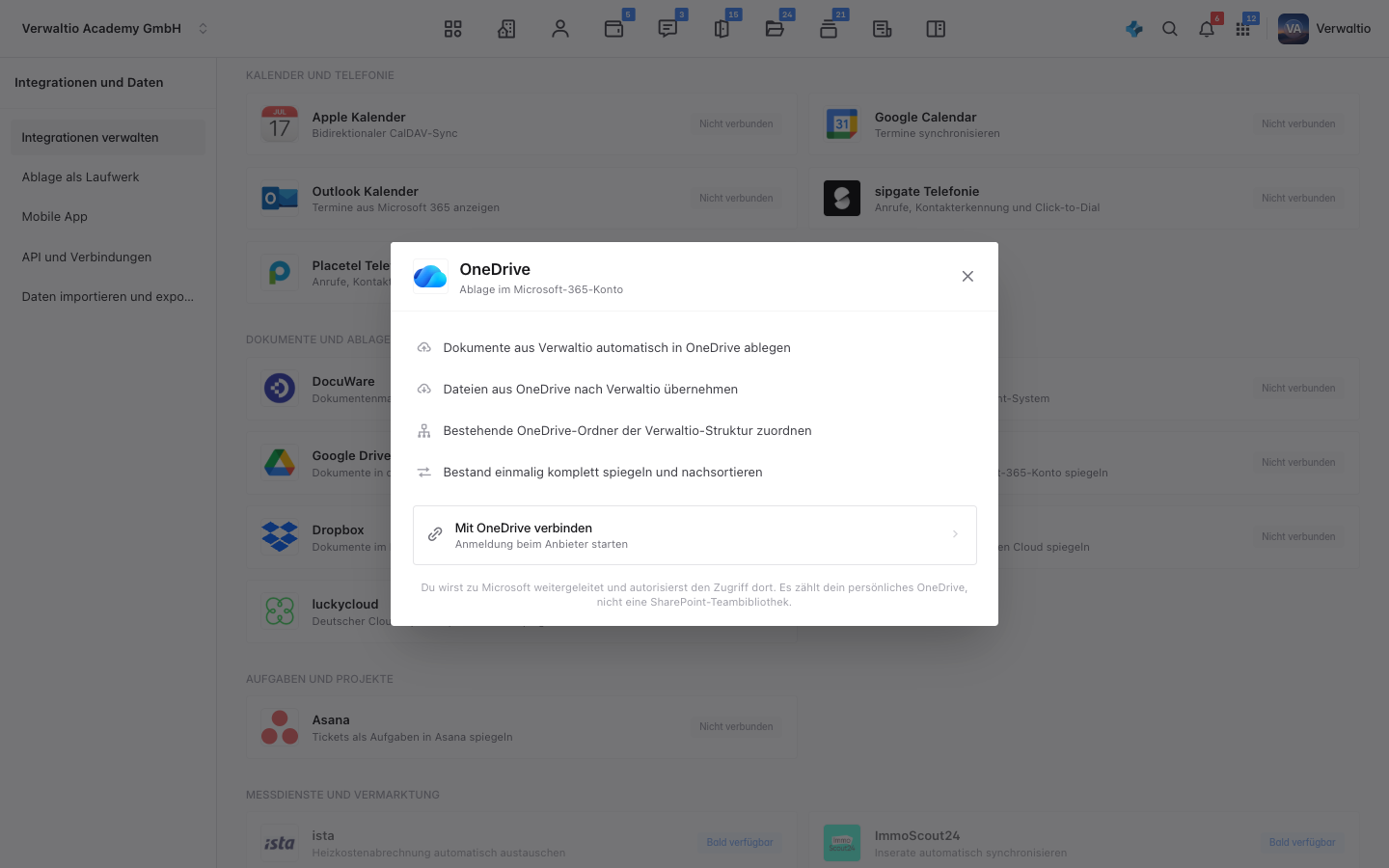Der OneDrive-Dialog vor dem Verbinden mit dem Knopf Mit OneDrive verbinden
