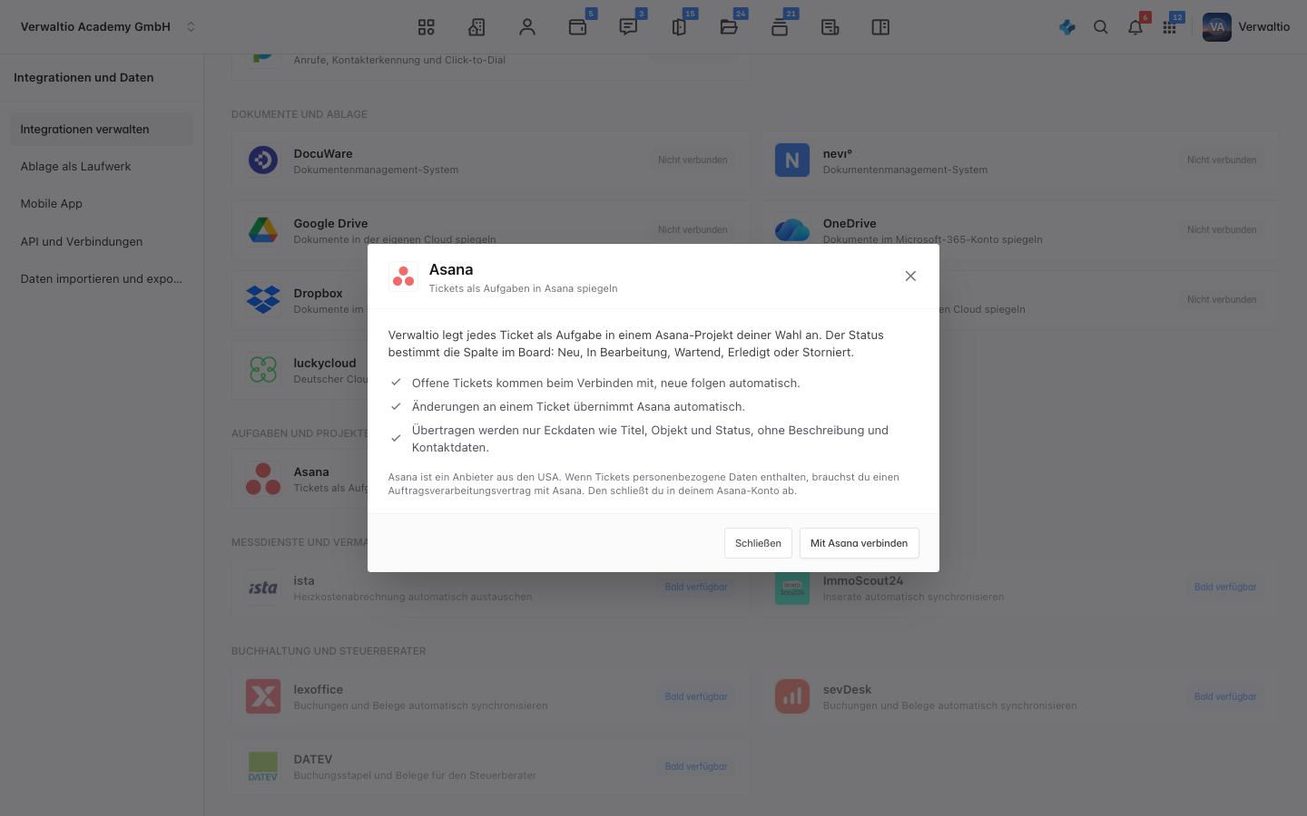 Der Asana-Dialog vor dem Verbinden mit dem Knopf Mit Asana verbinden