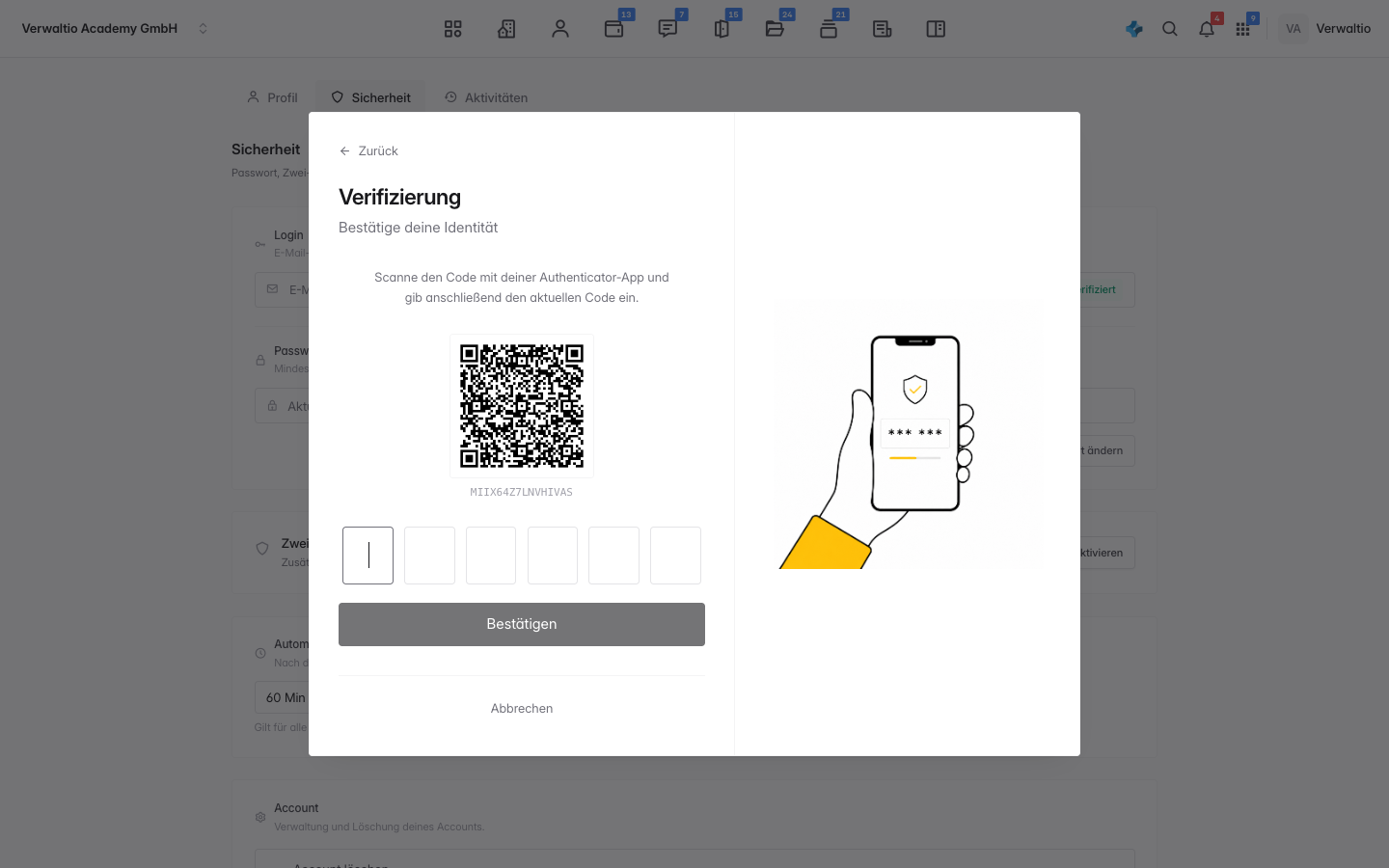 QR-Code und Schlüssel zum Verbinden der Authenticator-App mit dem Feld für den sechsstelligen Code