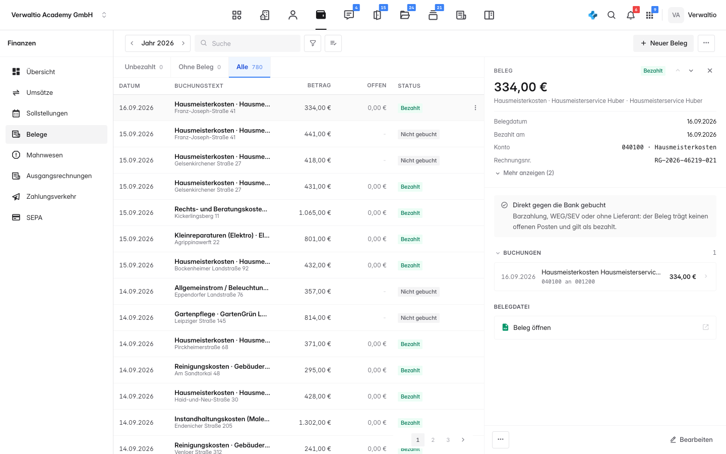 Die Detailspalte eines Belegs mit Status, Kontierung und der zugehörigen Buchung