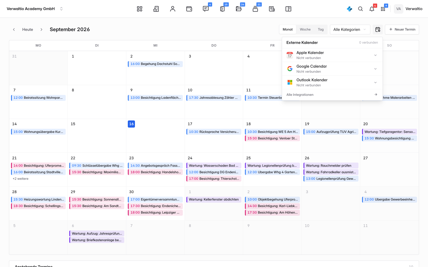 Der Ausklapper Externe Kalender mit Apple, Google und Outlook