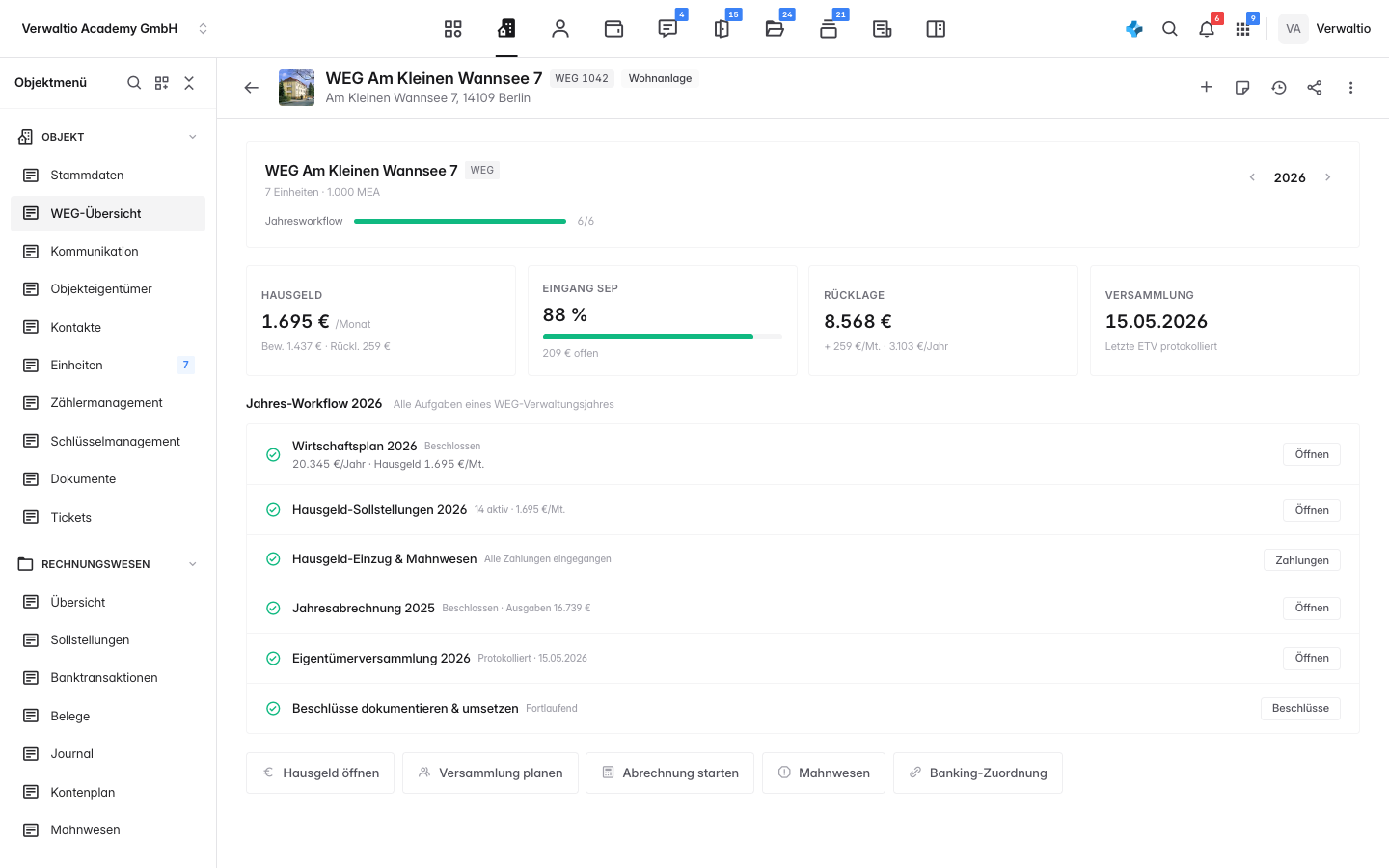 Die WEG-Übersicht mit Kennzahlen und dem Jahres-Workflow in sechs Schritten
