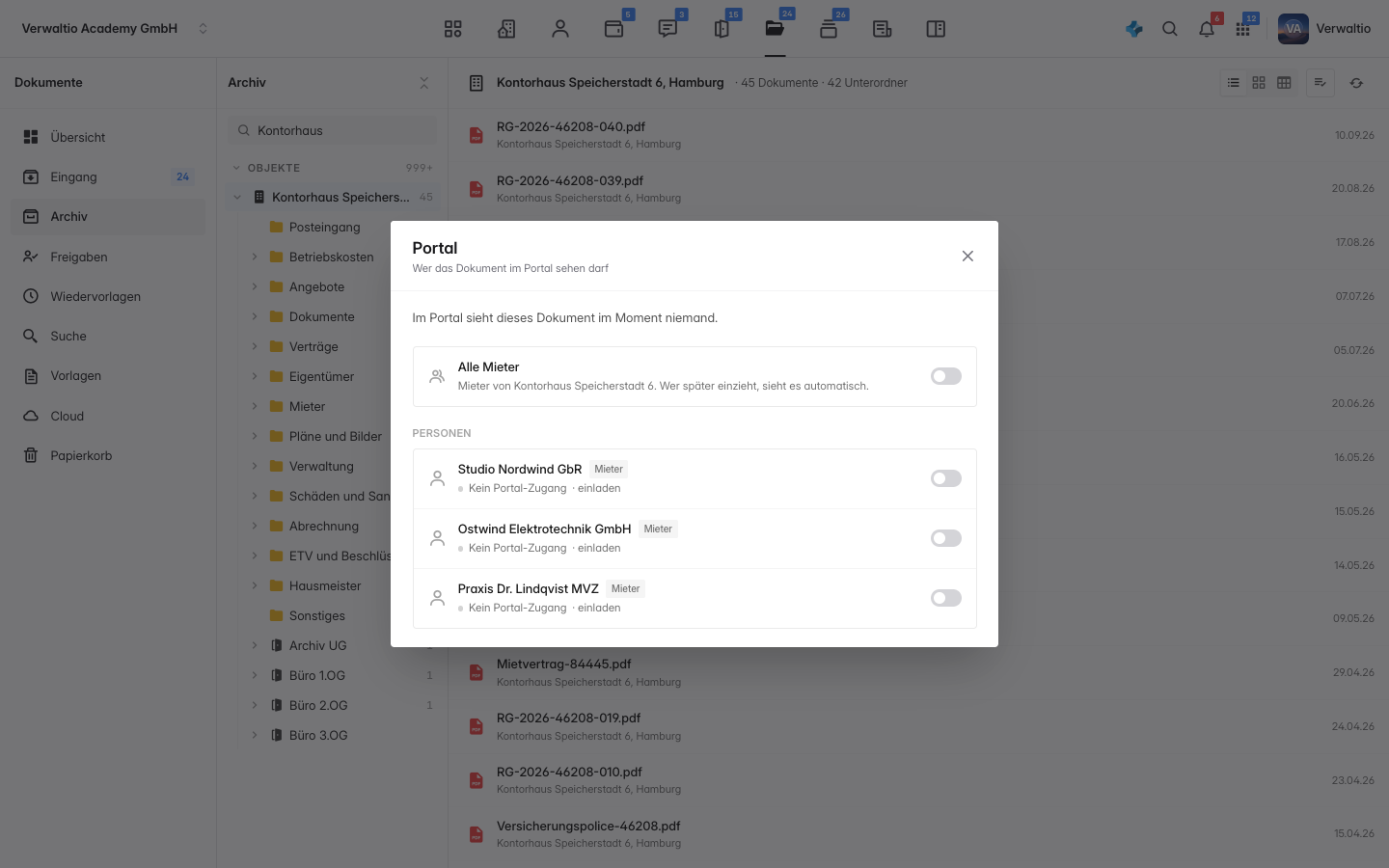 Der Portal-Dialog mit den Schaltern für alle Mieter und Eigentümer und den einzelnen Personen darunter
