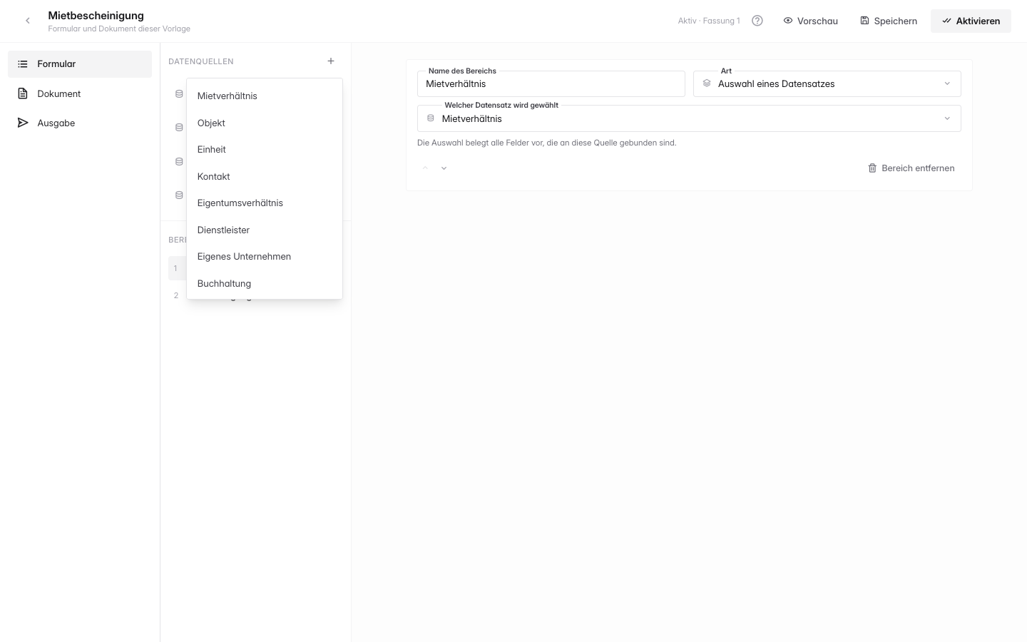Die Spalte Datenquellen im Formular-Tab mit einer hinzugefügten Quelle