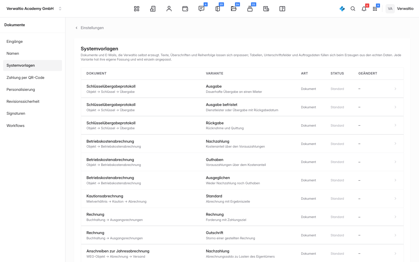 Die Systemvorlagen in den Einstellungen