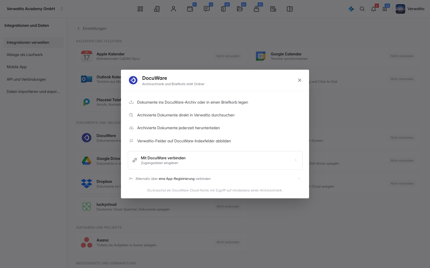 Der DocuWare-Dialog vor dem Verbinden mit dem Knopf Mit DocuWare verbinden