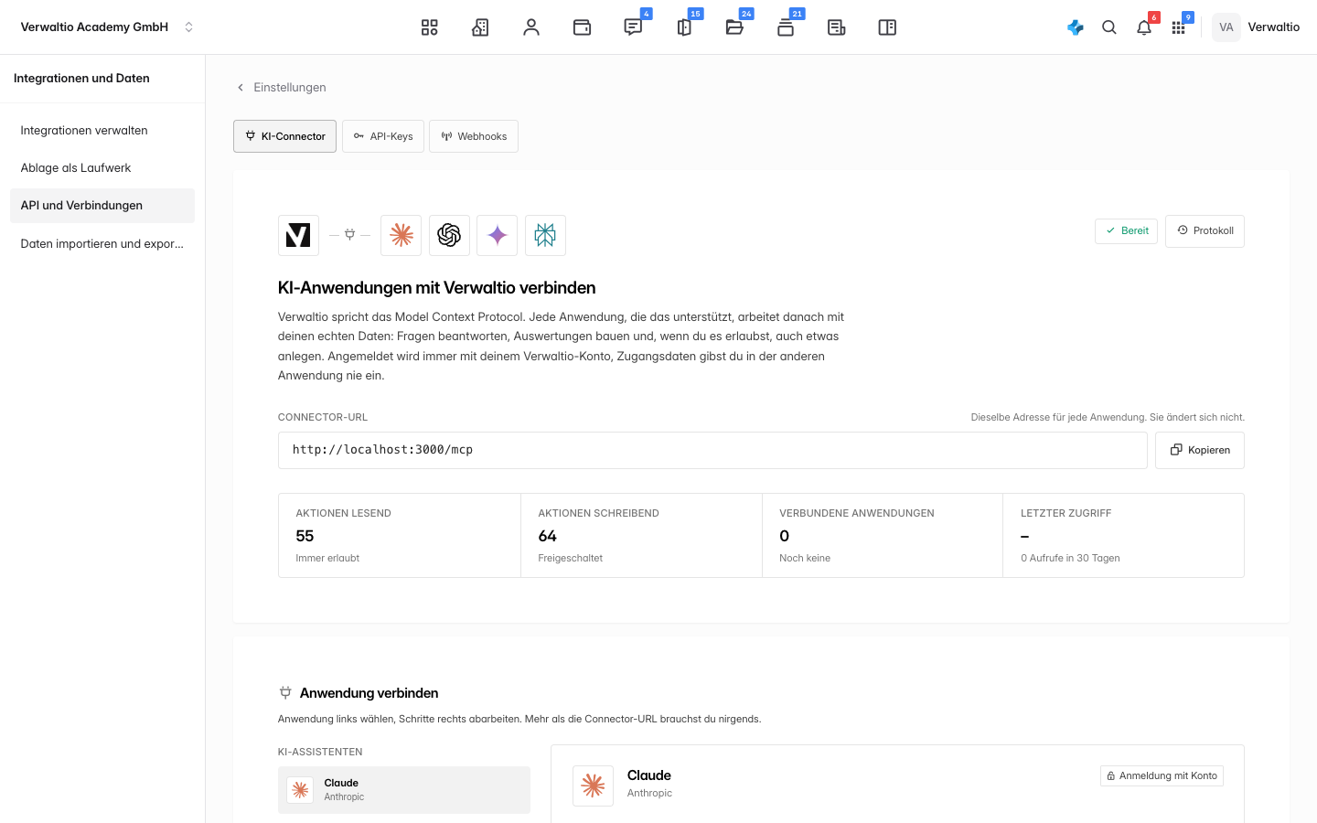 Die Übersicht der Aktionen unter API und Verbindungen