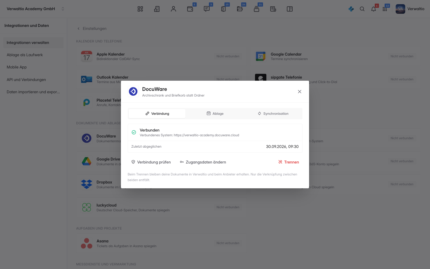 Der Reiter Verbindung mit dem verbundenen DocuWare-System
